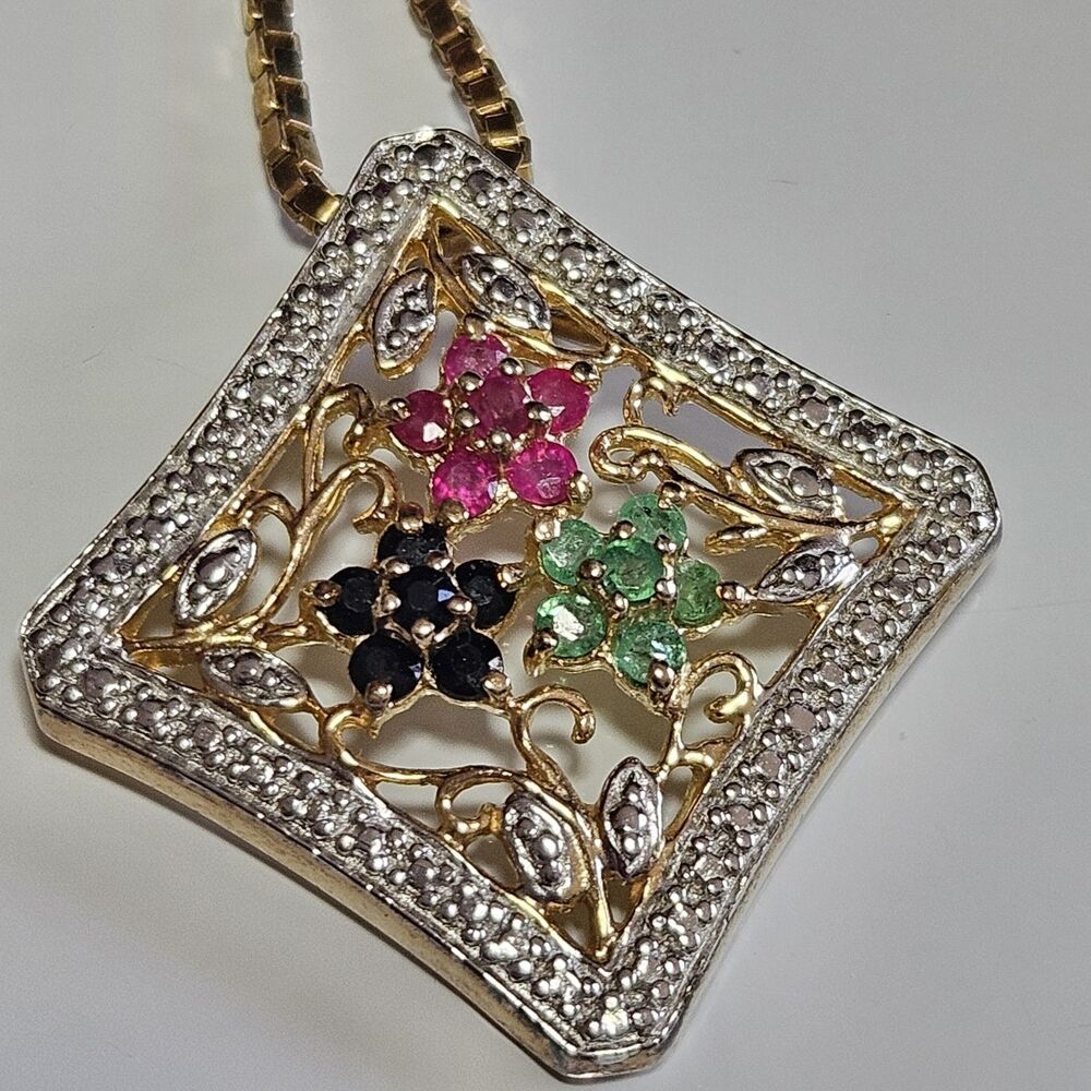 Vintage Sterling Silver Gold Vermeil Ross Simons Gemstone Pendant Necklace 18"